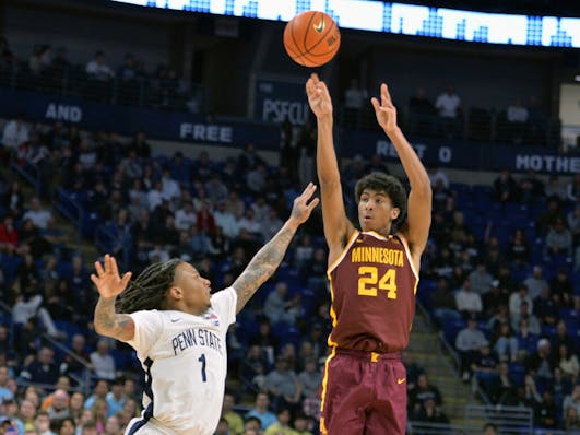The Gophers' Cam Christie pulled up to shoot over Penn State's Ace Baldwin Jr. during the second half of the Gophers' 83-74 victory at State College, 