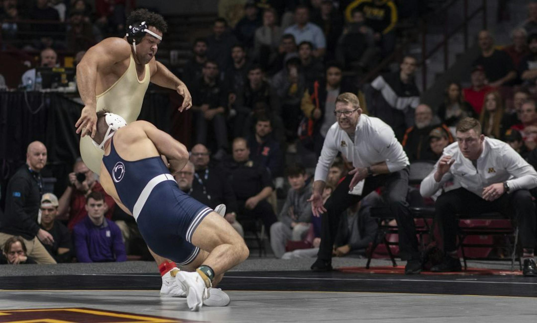 Penn State's Anthony Cassar scored on a take down over Minnesota's Gable Steveson during the Big Ten Championships at Williams Arena earlier this month.