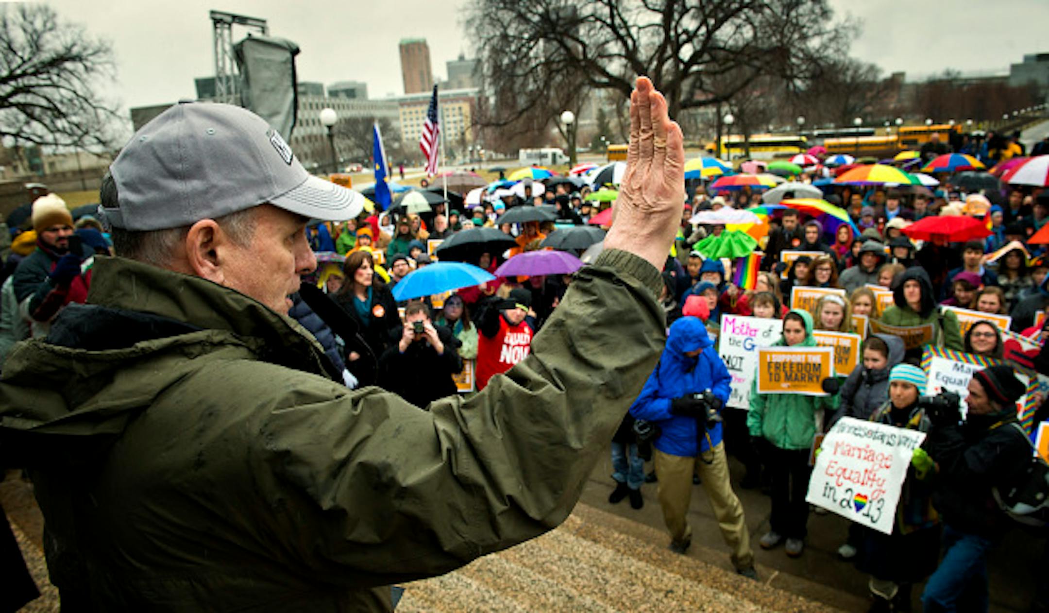 Governor Mark Dayton spoke to the crowd in front of the Capitol.   Hundreds of Minnesotans from around the state rallied in front of the State Capitol in support of same-sex couples to be allowed to marry.  Key bills are expected soon at the legislature.  Thursday, April 18, 2013     ]     GLEN STUBBE * gstubbe@startribune.com