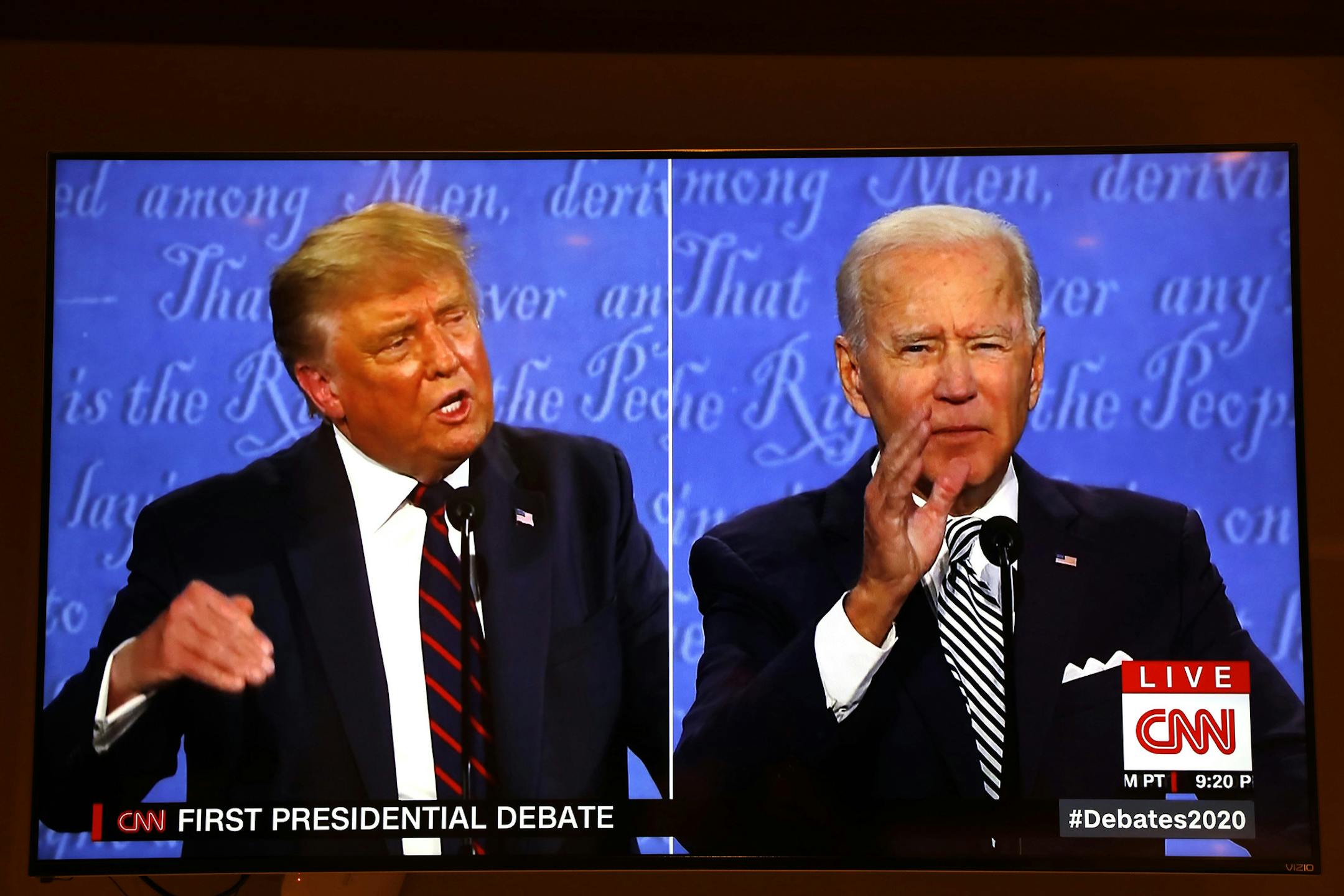 President Donald Trump and Democratic presidential nominee Joe Biden participate in the first presidential debate at the Health Education Campus of Case Western Reserve University, on Tuesday, Sept. 29, 2020, in Cleveland. (Yuri Gripas/Abaca Press/TNS) ORG XMIT: 1788215