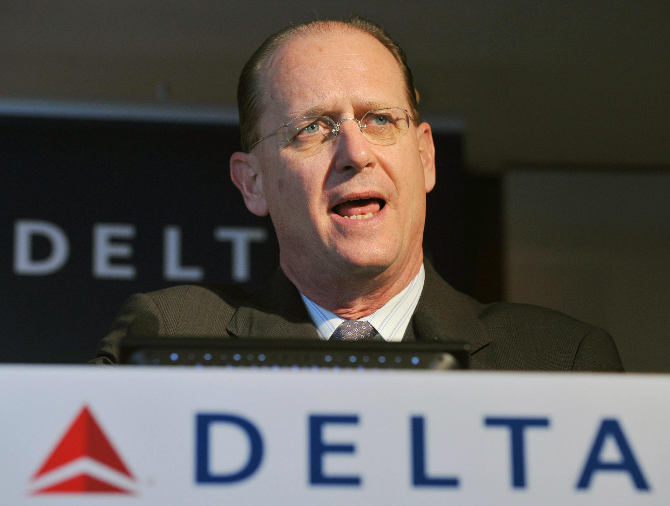 Delta Air Lines Chief Executive Officer Richard Anderson speaks during a press conference at a hotel in Tokyo, Thursday, Jan. 15, 2009. Referring to Delta's acquisition of Northwest Airlines in October, Anderson said "The merger is even more important in the face of the financial circumstances." Delta officials said the Atlanta-based airline can hope to reap about $2 billion savings in 2012 from the combination of the two airlines.