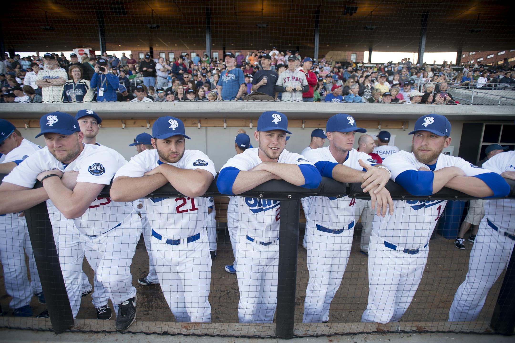 St. Paul Saints players hung out in the dugout before Thursday night's hope opener at CHS Field. ] Aaron Lavinsky &#x2022; aaron.lavinsky@startribune.com The St. Paul Saints hold their season opener against the Fargo-Moorhead Redhawks at brand-new CHS Field on Thursday, May 21, 2015.