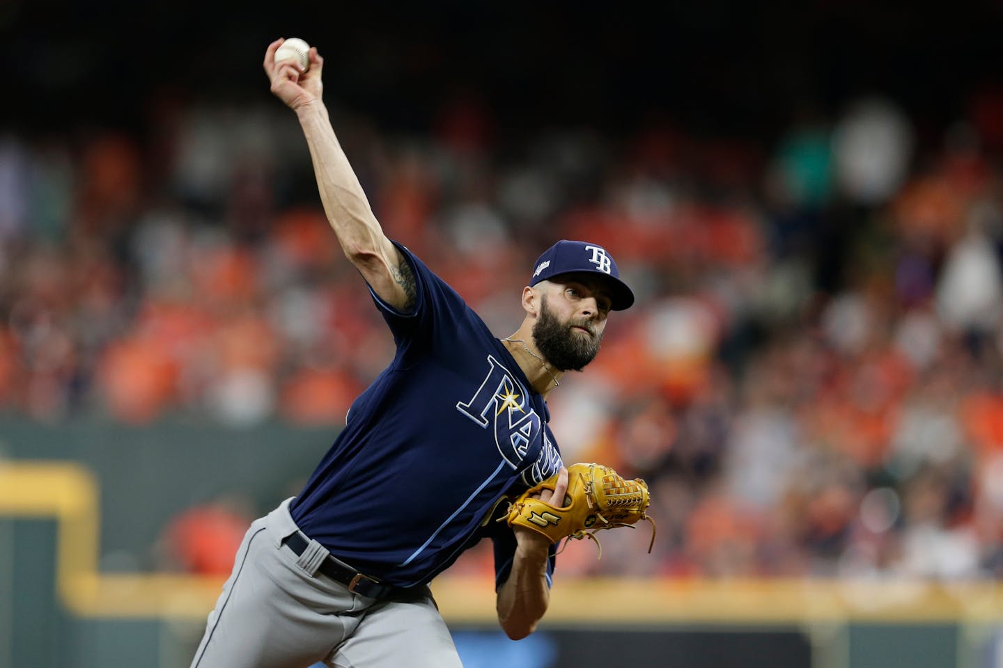 Tampa Bay Rays relief pitcher Nick Anderson delivers a pitch against the Houston Astros during the fifth inning of Game 5 of a baseball American League Division Series in Houston, Thursday, Oct. 10, 2019. (AP Photo/Michael Wyke)