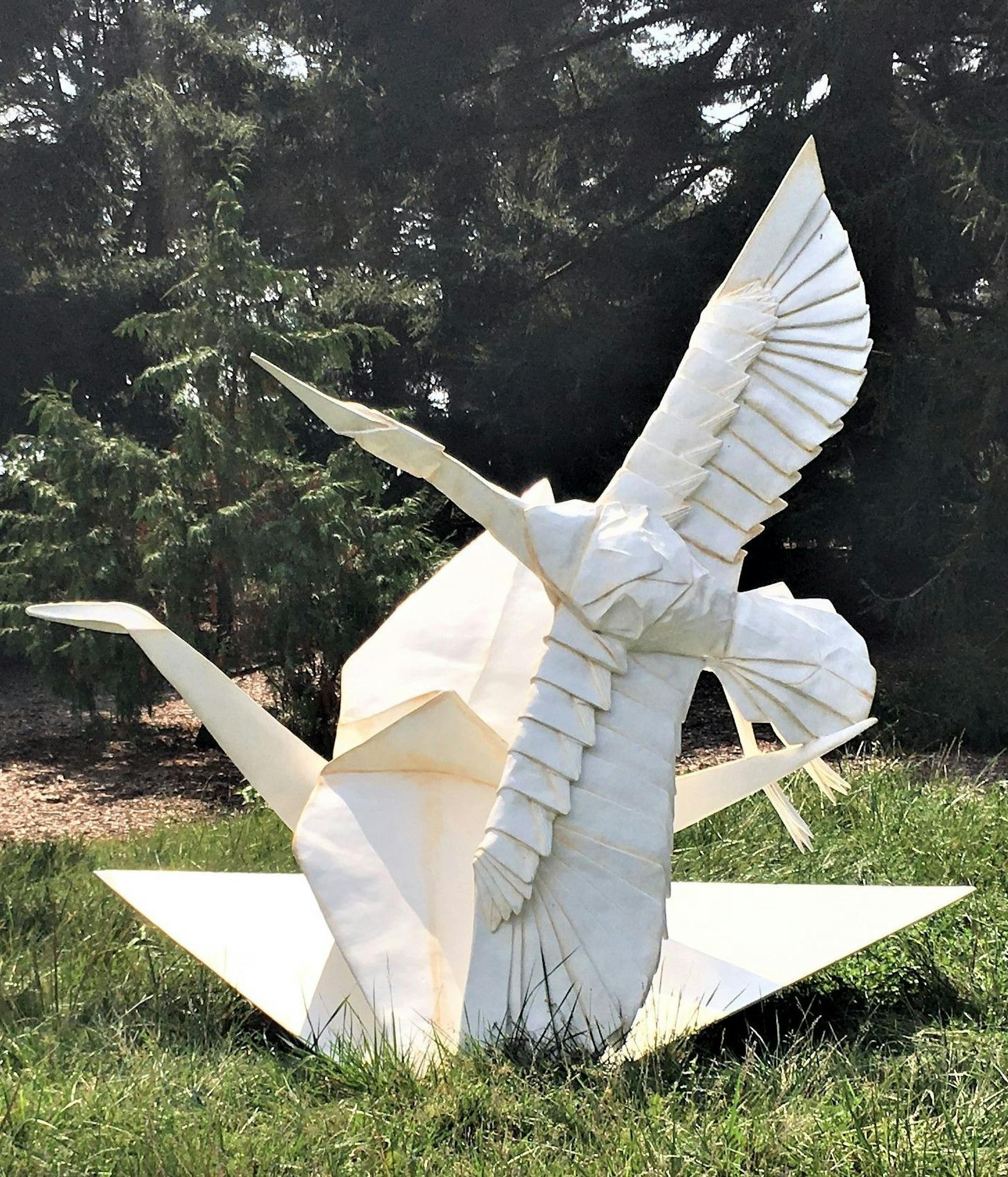 Origami-inspired metal sculptures by Kevin Box and Robert J. Lang take flight at the Minnesota Landscape Arboretum's new exhibit "Origami in the Garden."