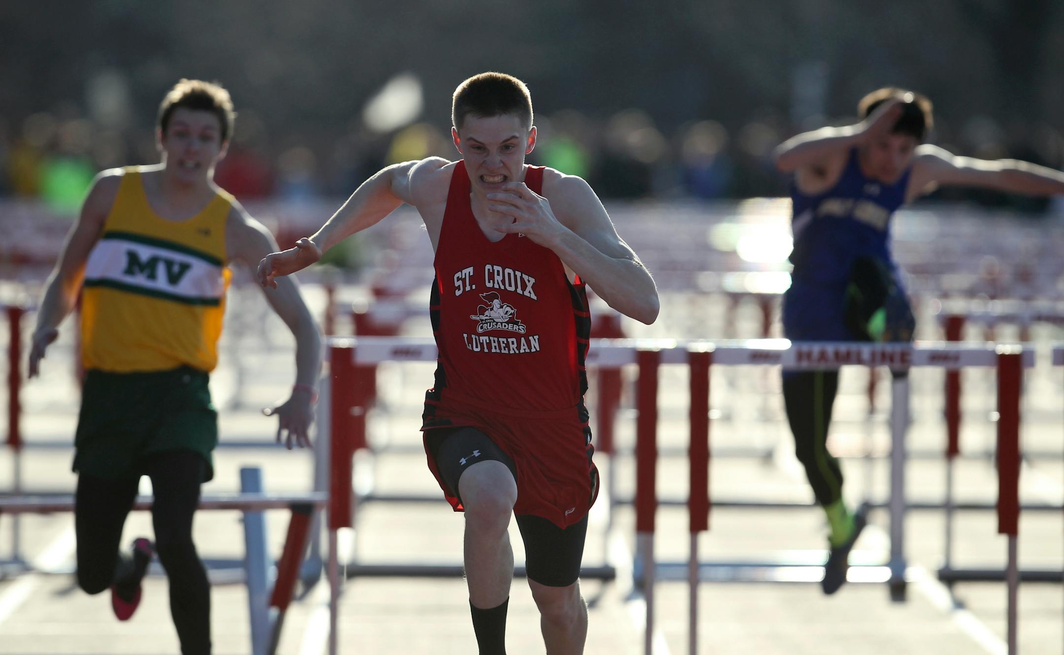 Jon Tollefson of St. Croix Lutheran in the boys 110 meter hurdles with a meet record of 14.42 during last year's Hamline Elite Meet (DAVID JOLES/STAR TRIBUNE).