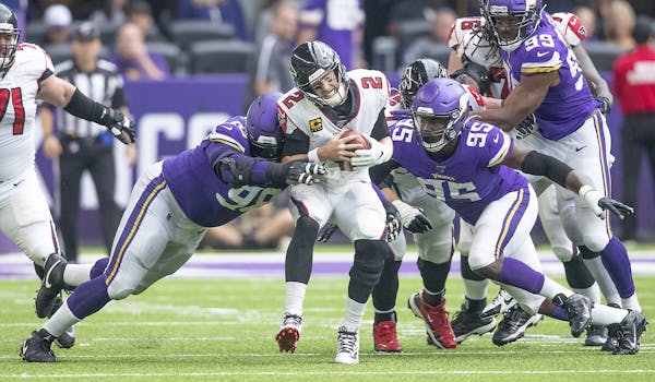 Vikings defensive tackle Linval Joseph tackled Falcons quarterback Matt Ryan for a sack during the fourth quarter last week at U.S. Bank Stadium.