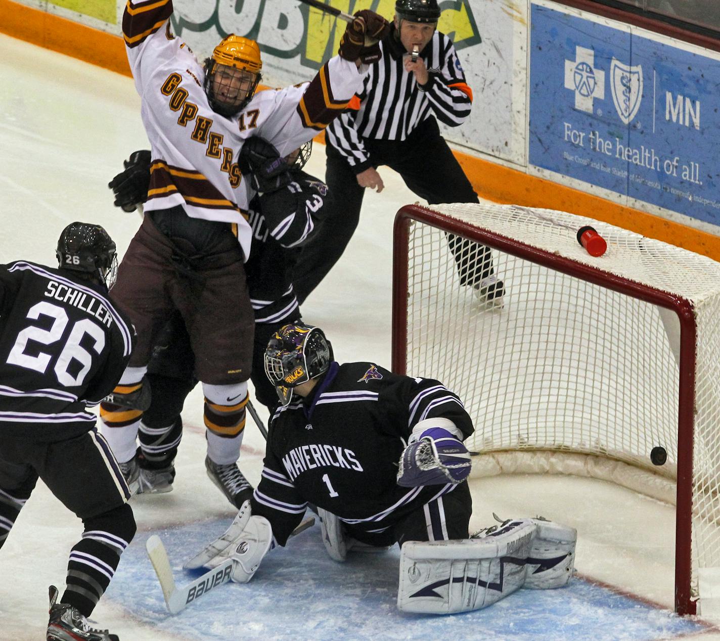 UM Gophers vs. Mankato State University (Mankato) Hockey. Minnesota's Seth Ambroz celebrating after slipping the puck past Mankato goalie Austin Lee for a first period goal. ](MARLIN LEVISON/STARTRIBUNE(mlevison@startribune.com (cq all names program )