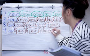 Second grade teacher Carmy Mersereau wrote out words for her class during a reading lesson on January 11, 2024, at Fair Oaks Elementary School of Minn