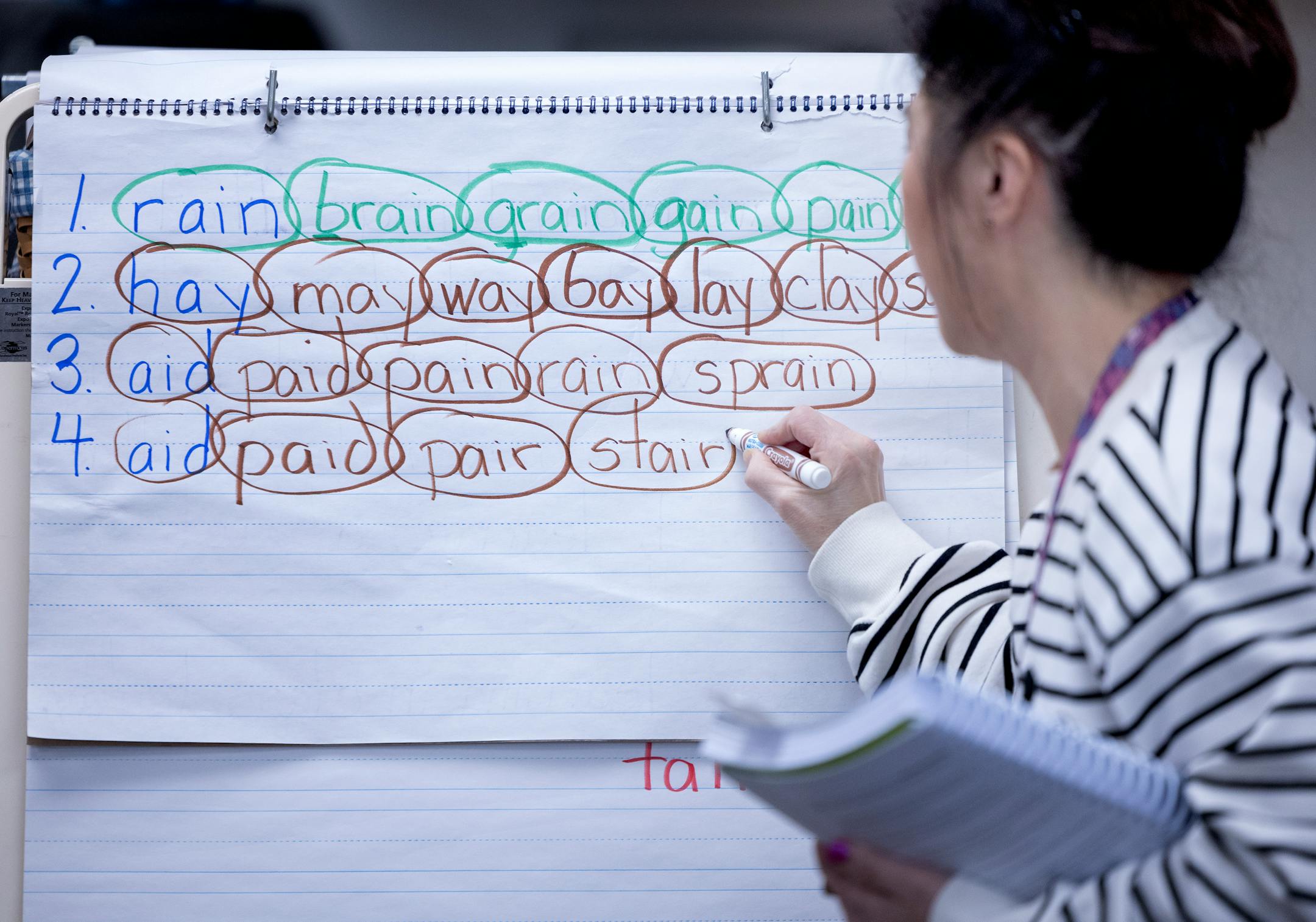 Second grade teacher Carmy Mersereau wrote out words for her class during a reading lesson on January 11, 2024, at Fair Oaks Elementary School of Minnesota in Brooklyn Park.