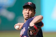 Minnesota Twins starting pitcher Kenta Maeda delivers in the first inning of a baseball game against the Cleveland Indians, Saturday, May 22, 2021, in