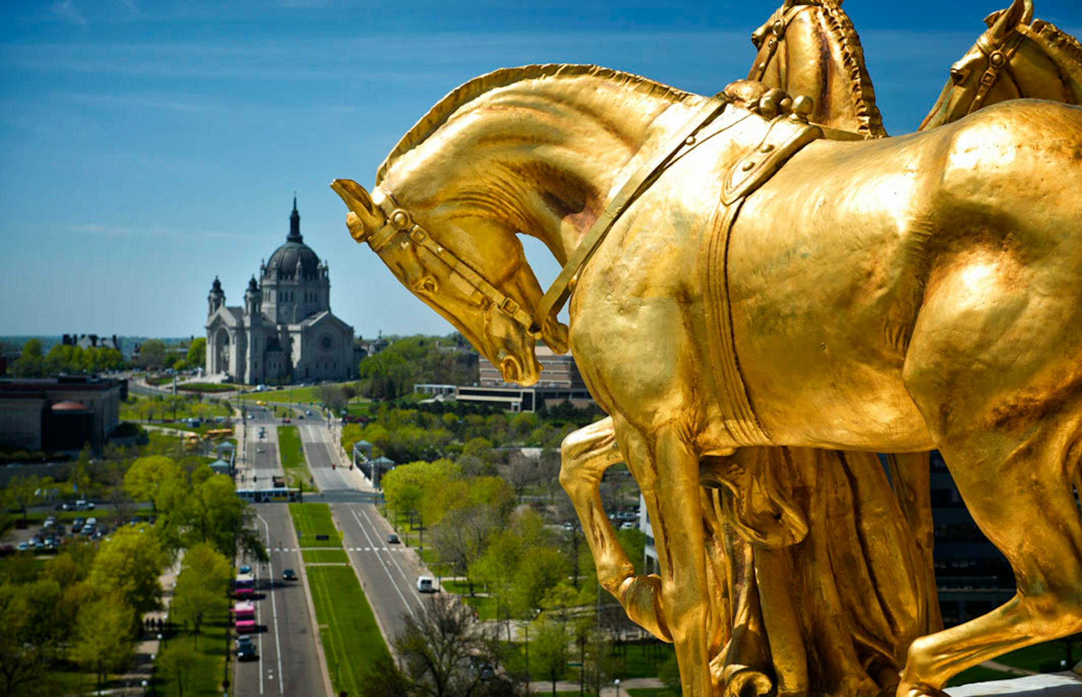 This gold-leafed copper and steel Quadriga, "Progress of the State," was placed on the Minnesota Capitol in 1906.