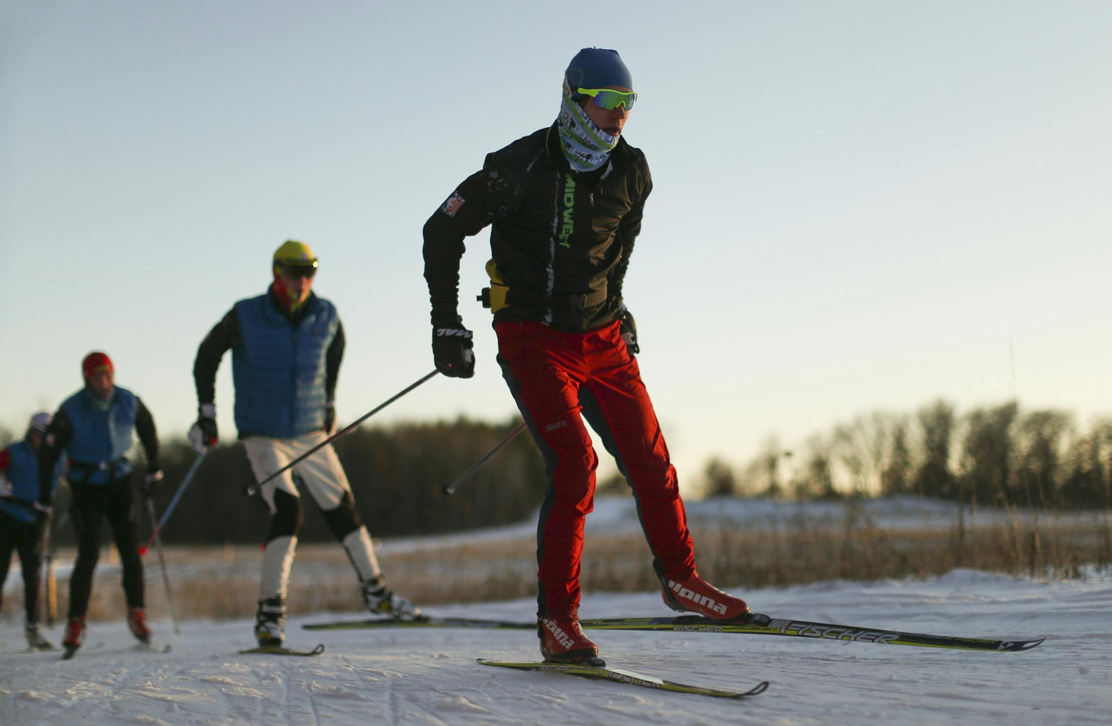 Forest Lake senior Leo Hipp, foreground, worked out with his boy's cross country ski teammates at Lake Elmo Park Reserve Monday after school. ] JEFF WHEELER &#x201a;&#xc4;&#xa2; jeff.wheeler@startribune.com Forest Lake senior Leo Hipp and the rest of the boy's cross country ski team worked out at Lake Elmo Park Reserve Monday afternoon, January 13, 2015 on the eve of a meet there.