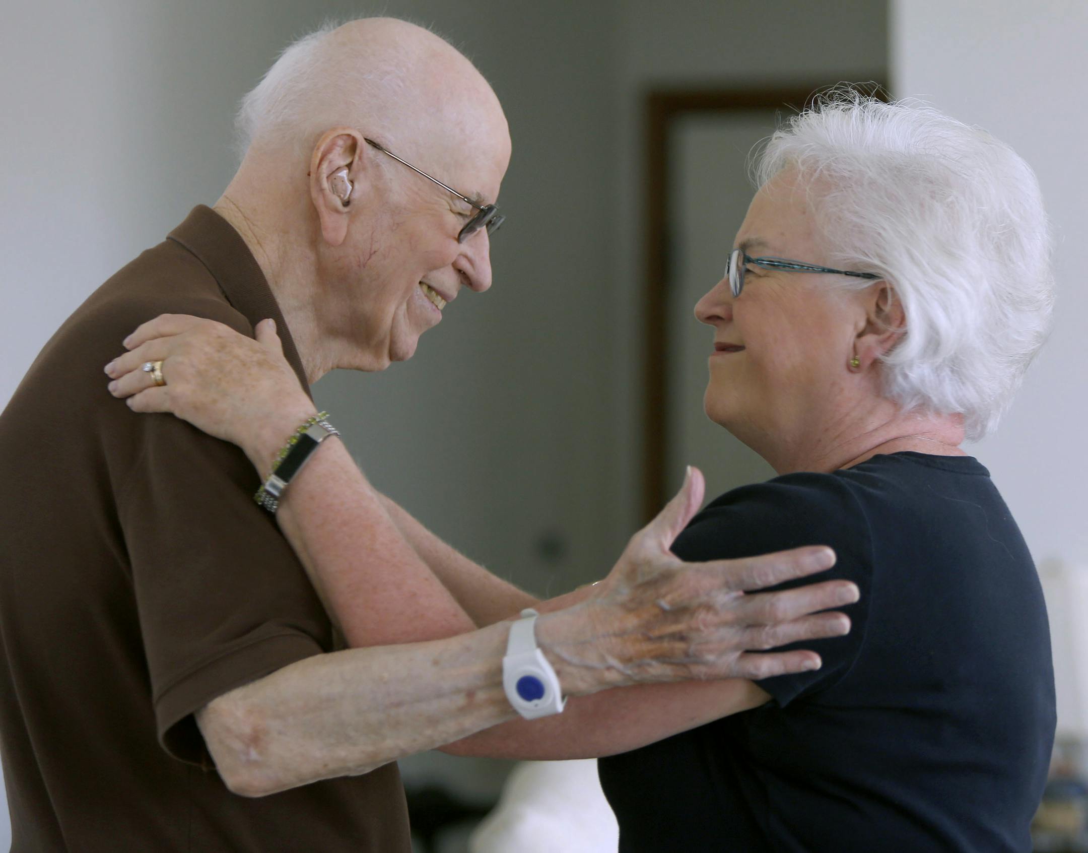 This September 2017 photo shows Robert Levin, 96, of Rochester, Minn., and his daughter, Carolyn McIntosh. Levin is one of the few remaining former scientists connected with the Manhattan Project. The project was focused on building the atomic bomb that was dropped on the Japanese city of Hiroshima in 1945 and marked the end of World War II. (Elizabeth Nida Obert/The Rochester Post-Bulletin via AP)