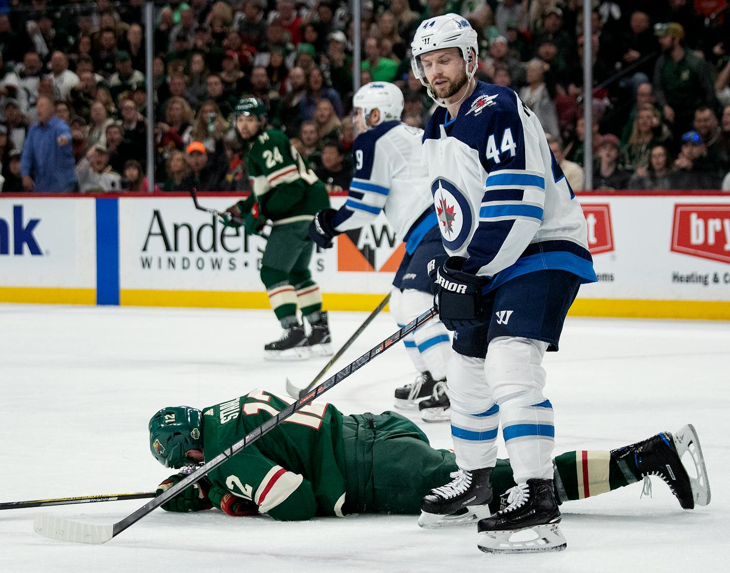 The Winnipeg Jets' Josh Morrissey cross-checked the Wild's Eric Staal in the first period during Game 4. Morrissey was given a one-game suspension.