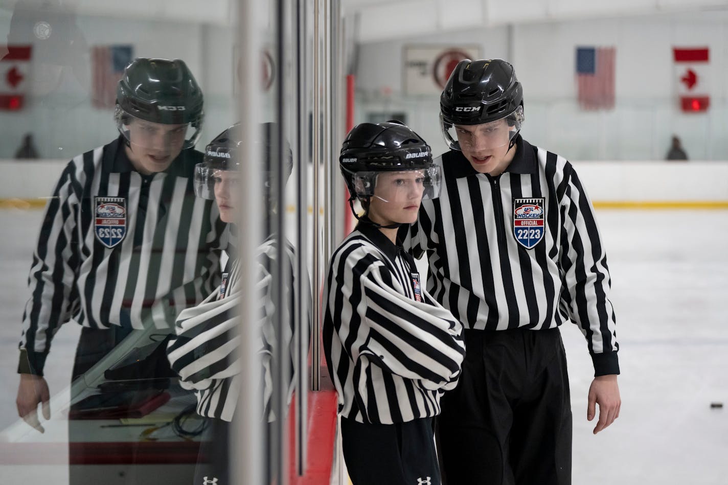 Sibling referees Sedona Stumpf and DJ Stumpf work together reffing a couple youth hockey games on Friday, Jan. 20, 2023 in Stillwater, Minn. ] RENEE JONES SCHNEIDER • renee.jones@startribune.com