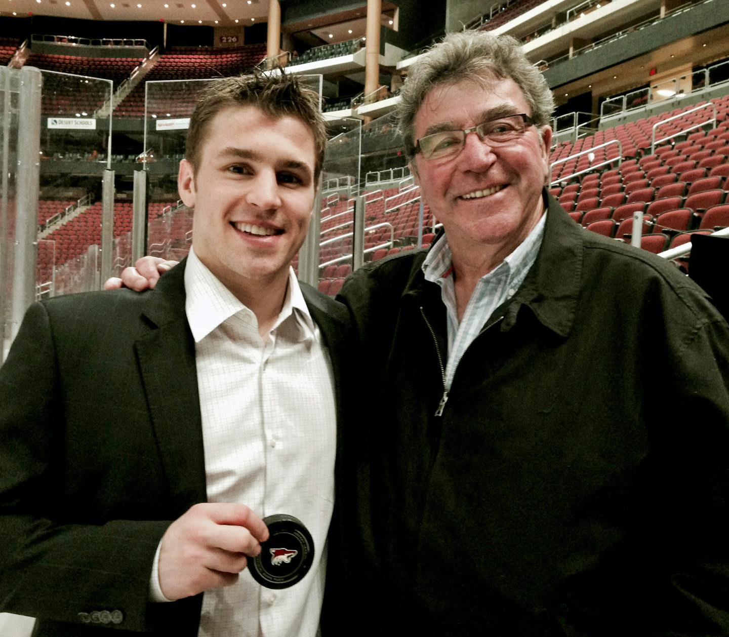 Zach Parise (left) and his father, J.P. Parise, in a photo taken last year in Phoenix when Zach passed his father on the NHL's all-time goal scoring list.
Photo courtesy J.P. Parise