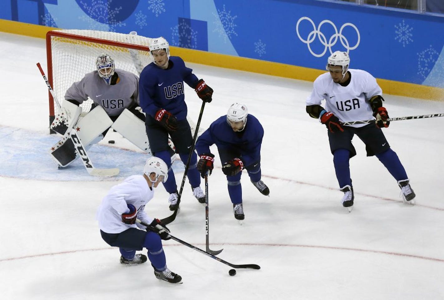 Members of the United States men's hockey team practice ahead of the 2018 Winter Olympics in Gangneung, South Korea, Friday, Feb. 9, 2018.