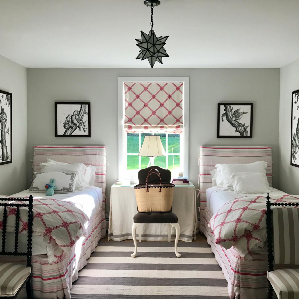 Elizabeth Mayhew’s guest bedroom, painted with Benjamin Moore’s Gray Owl.
