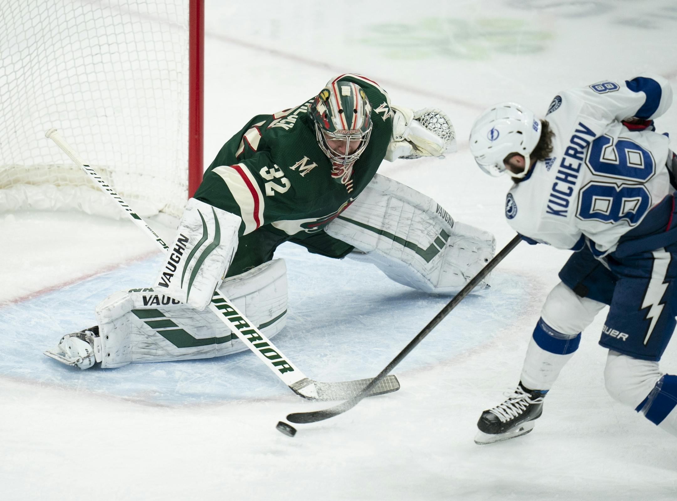 Wild goaltender Alex Stalock stopped Tampa Bay right wing Nikita Kucherov.