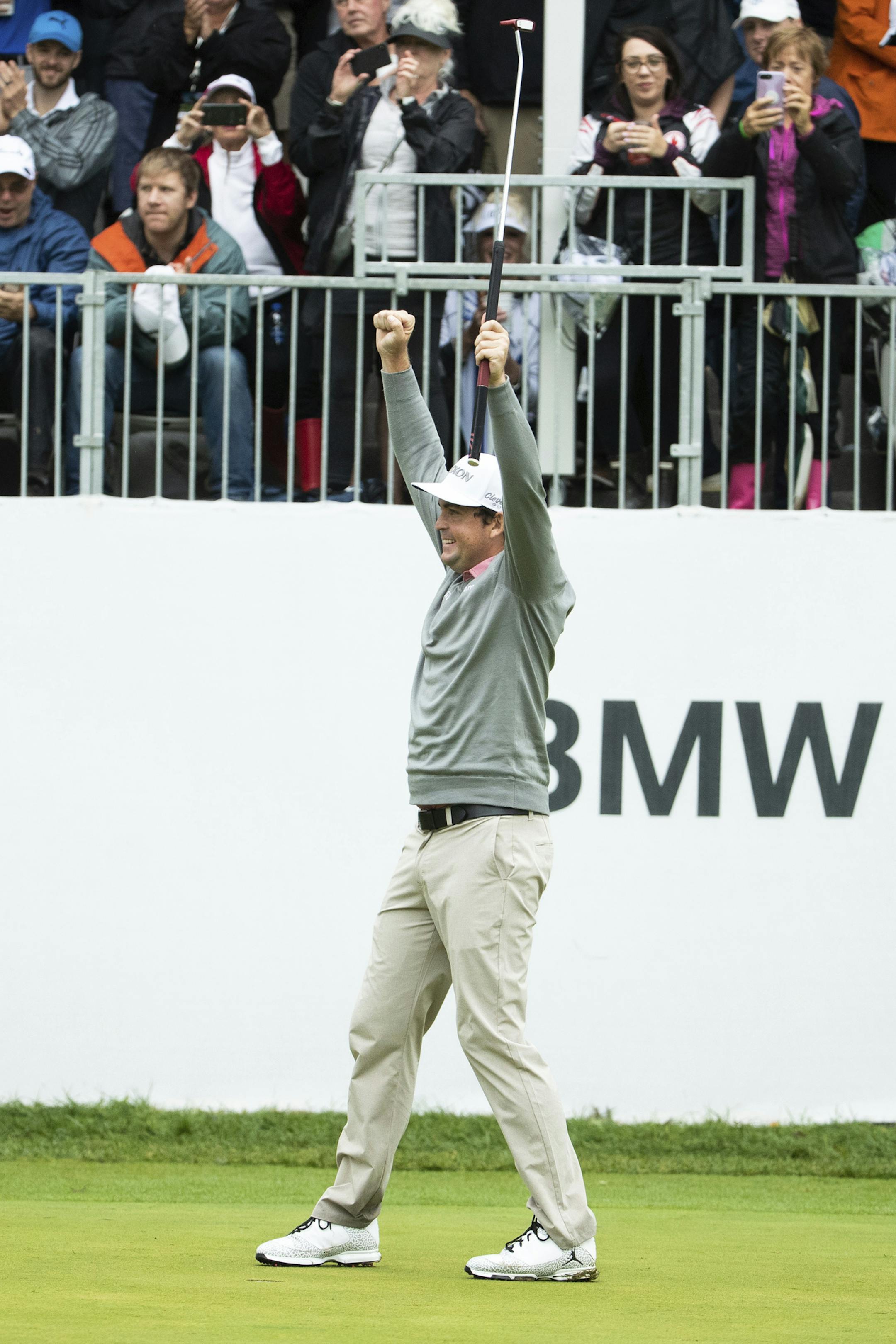Keegan Bradley reacts to the win during the BMW Championship golf tournament at the Aronimink Golf Club, Monday, Sept. 10, 2018, in Newtown Square, Pa. Keegan Bradley held off Justin Rose in a sudden-death playoff to win the rain-plagued BMW Championship for his first PGA Tour victory in six years. (AP Photo/Chris Szagola)
