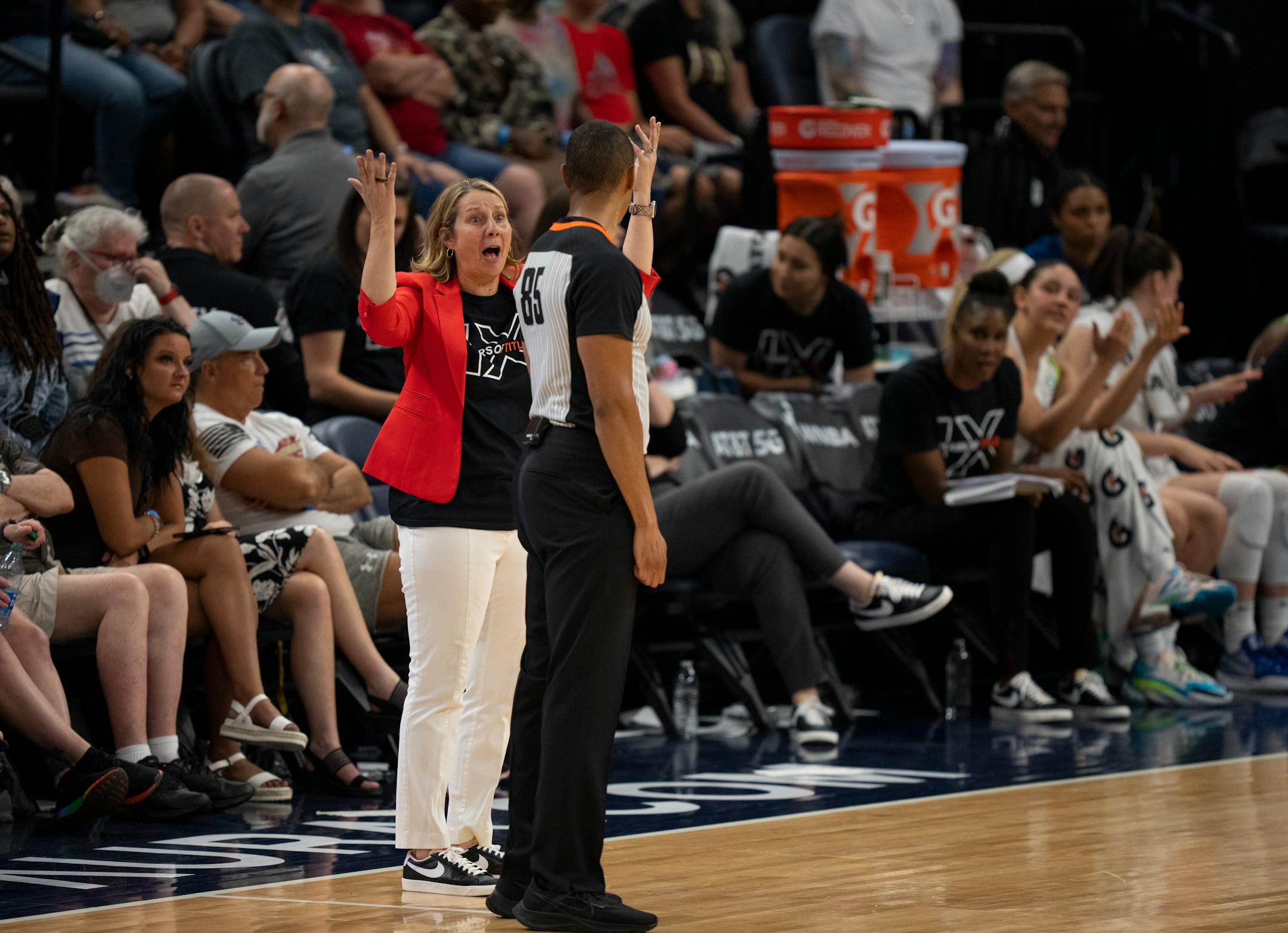 Lynx head coach Cheryl Reeve spoke with official Robert Hussey.