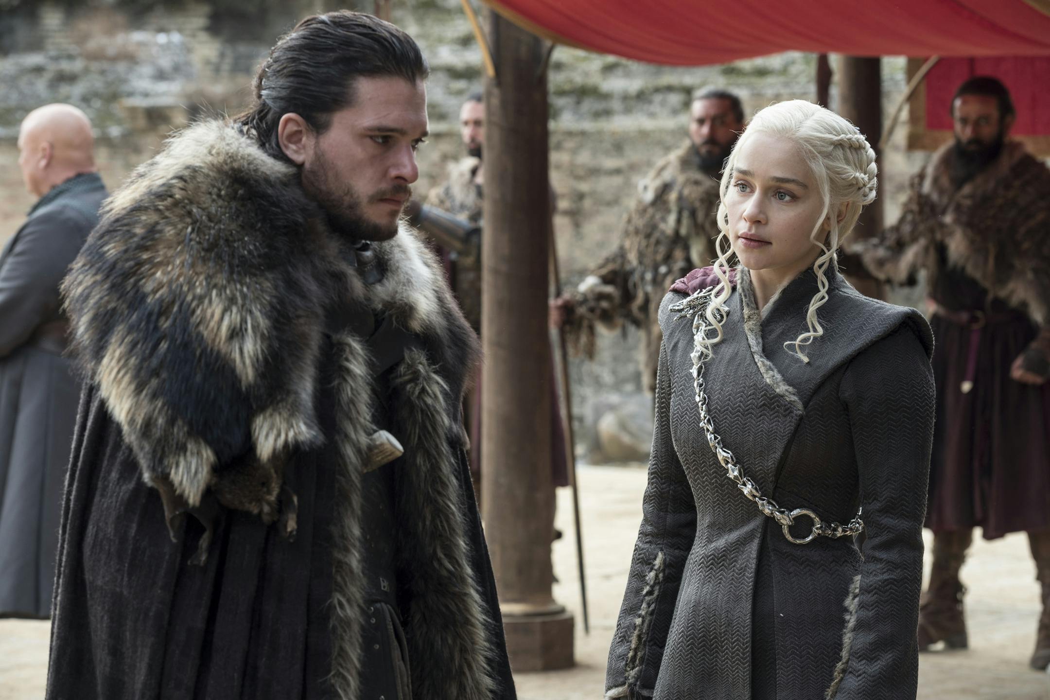 Kit Harington and Emilia Clarke on the season finale of "Game of Thrones."