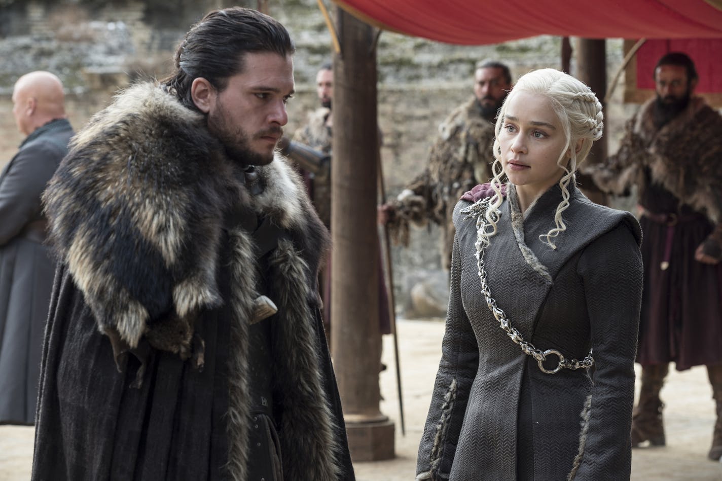 Kit Harington and Emilia Clarke on the season finale of "Game of Thrones."