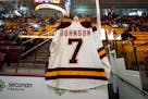 The No. 7 worn by Adam Johnson at the University of Minnesota Duluth hangs in 3M Arena at Mariucci in the days after Johnson's death.