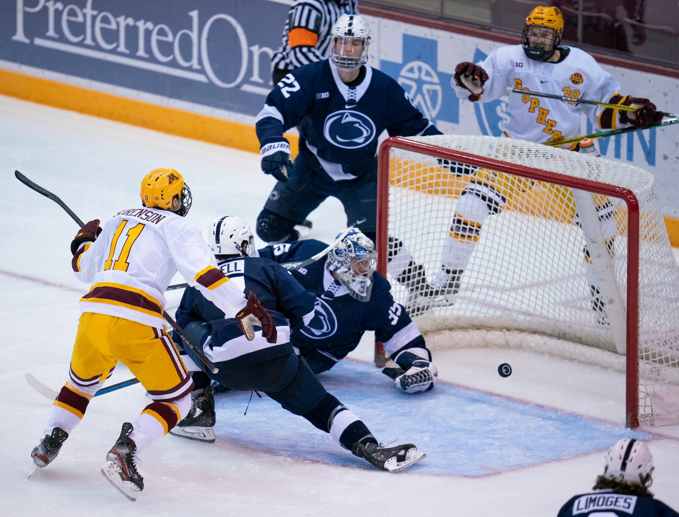 Jonny Sorenson (11) began to celebrate after he lifted a rebound past Penn State goaltender Oskar Autio in the second period