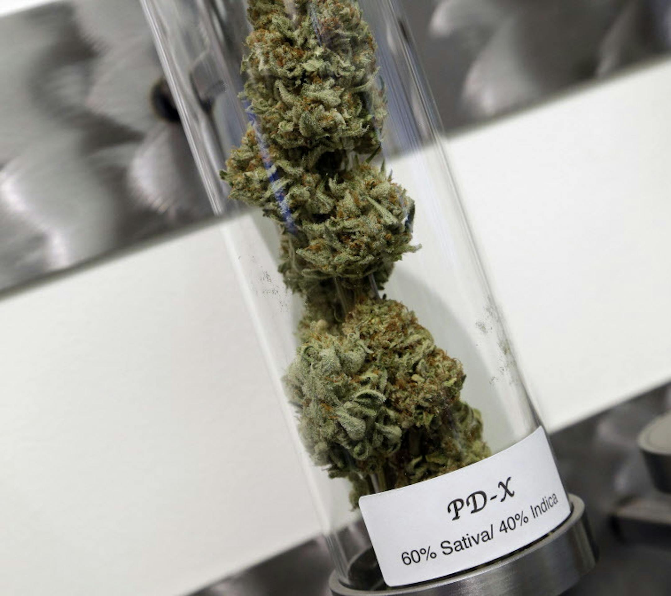 FILE - In this Nov. 5, 2014 file photo, a sample of medical marijuana is displayed at a dispensary in Portland, Ore. Illinois residents have petitioned the state to add more than 20 medical conditions to the medical marijuana program, including anxiety, migraines, insomnia and post-traumatic stress disorder. Petitioners identifying themselves as veterans of Vietnam and Iraq asked that PTSD be included, making emotional pleas for help, according to 269 pages of petitions obtained by The Associate