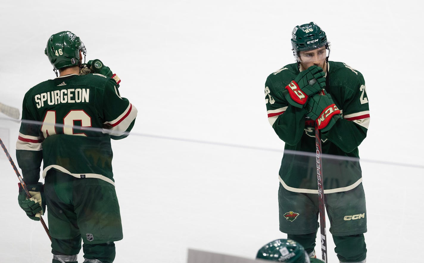 Minnesota Wild center Connor Dewar (26) reacts to the Wild's elimination from the playoffs after the loss to Dallas. The Minnesota Wild lost 4-1 to the Dallas Stars in Game 6 of an NHL hockey Stanley Cup first-round playoff series, Friday night, April 28, 2023 at Xcel Energy Center in St. Paul. ] CARLOS GONZALEZ • carlos.gonzalez@startribune.com