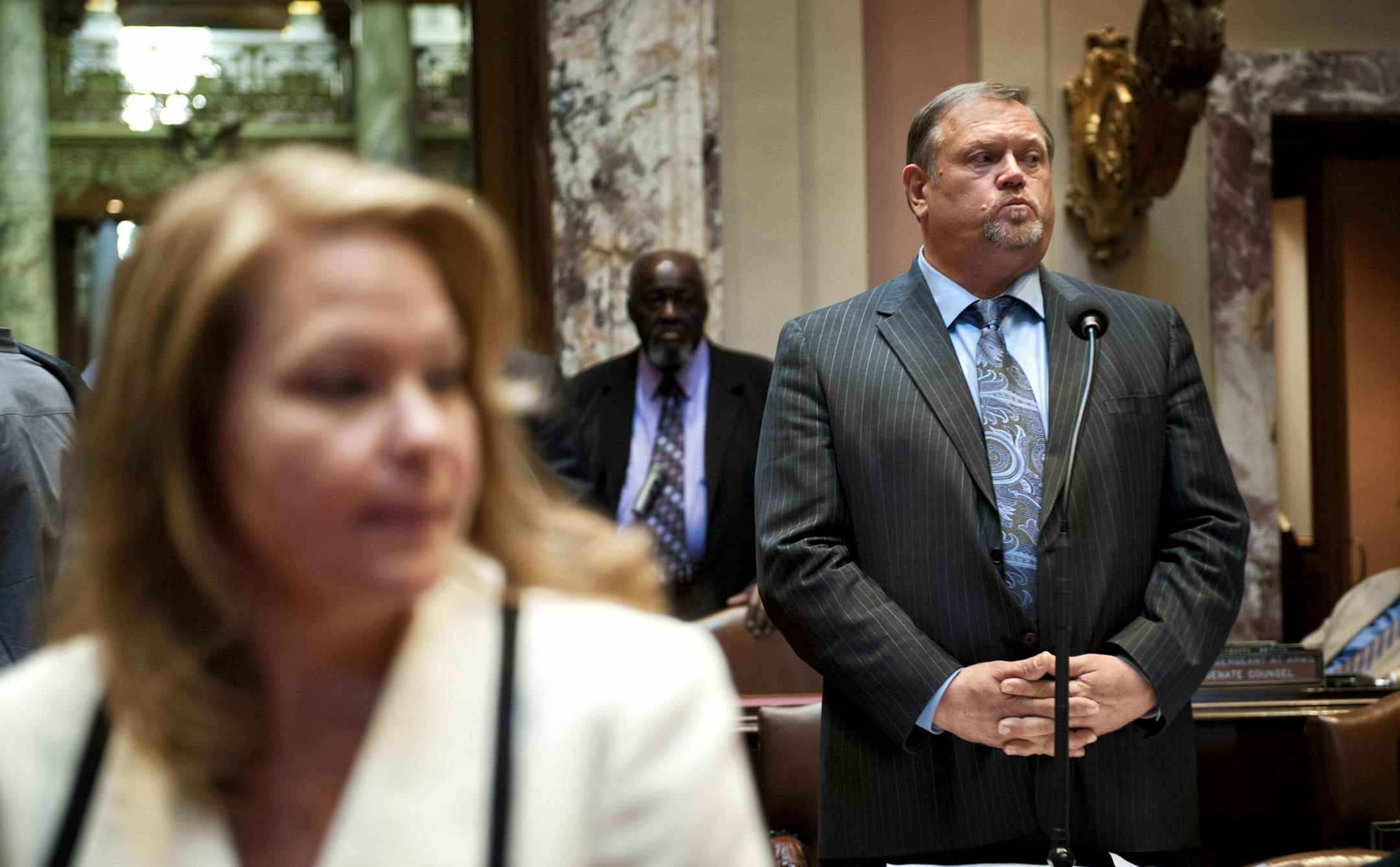 Majority Leader Tom Bakk didn't look happy when he took his seat and after talking with Sen Julianne Ortman, R-Chanhassen when he came out of a hastily called GOP Caucus meeting after the tax bill was defeated on the first vote. It later passed 35-31 the second time around. Monday, April 29, 2013.