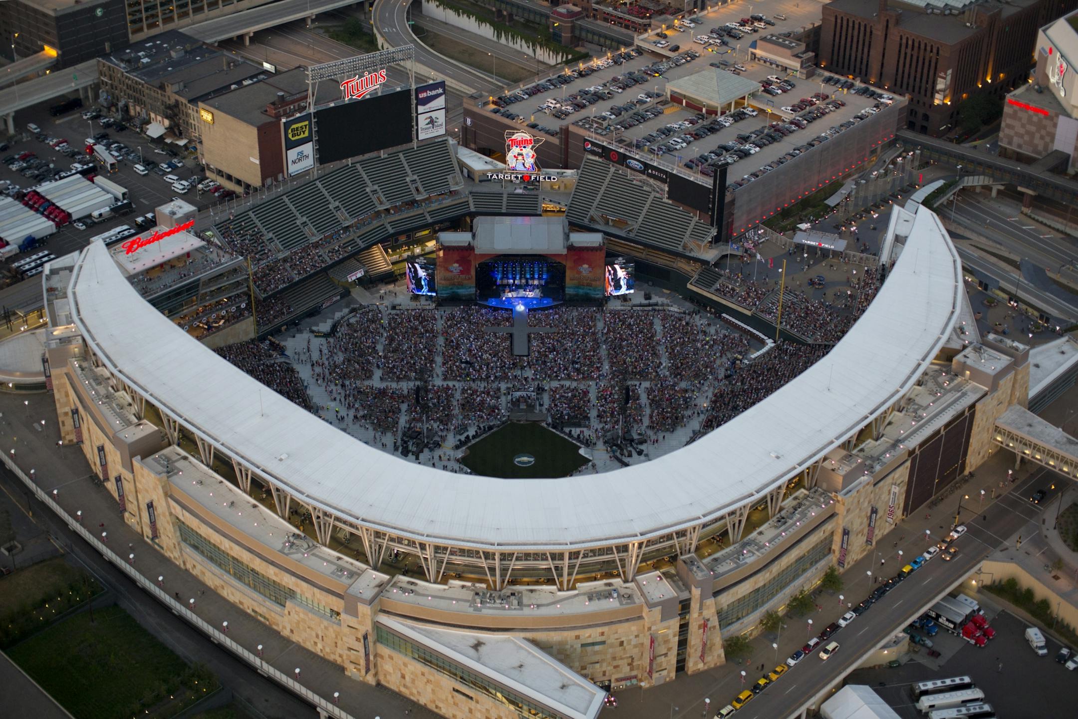 The weather was near perfect Sunday evening, July 8, 2012 for the first concert at Target Field in Minneapolis, Minn. Kenny Chesney hit the stage in center field with the sun low in the sky.