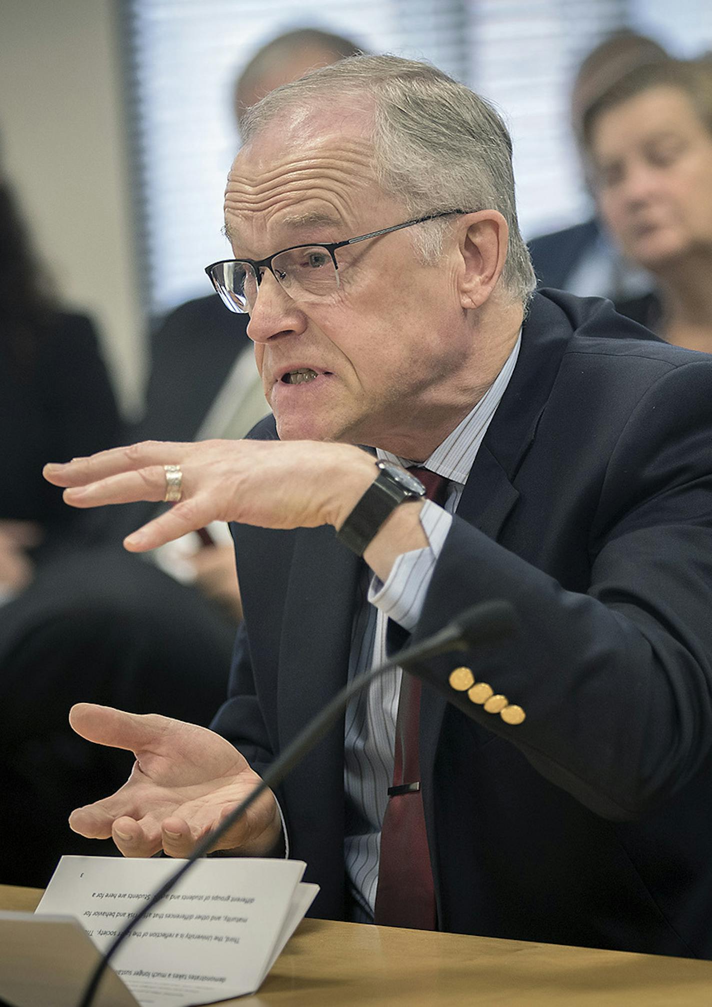 Dean John Finnegan responds to a report regarding the handling of Gopher football scandal last Fall before the Board of Regents, during a meeting at the U of M McNamara Alumni Center, Wednesday, August 16, 2017 in Minneapolis, MN. ] ELIZABETH FLORES &#xef; liz.flores@startribune.com