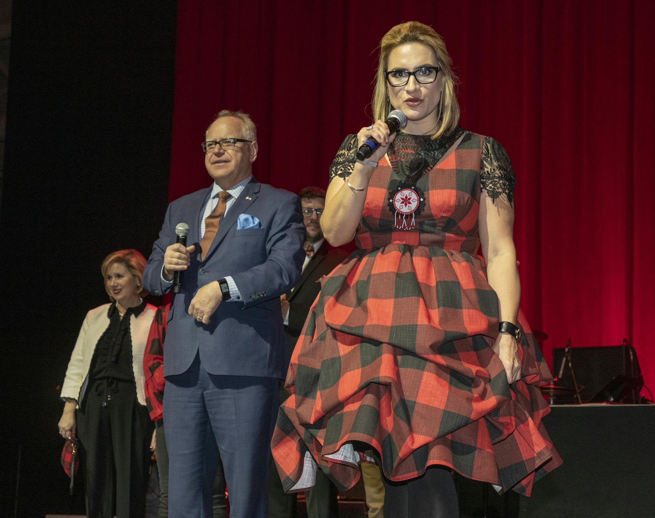 Gov. Tim Walz and Lt. Gov. Peggy Flanagan in a dress by Minneapolis designer Samantha Rei.