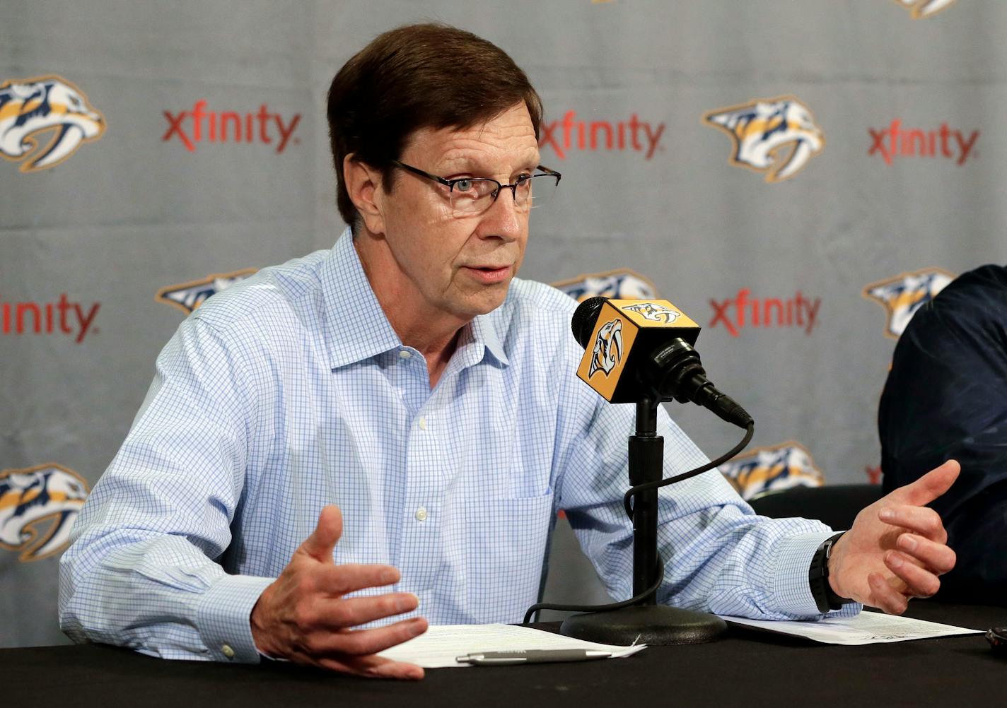 FILE - In this May 18, 2016, file photo, Nashville Predators general manager David Poile answers questions during a news conference in Nashville, Tenn. Poile updates the health of All-Star defenseman P.K. Subban on Monday, Jan. 2, 2017, a day after Nashville placed Subban on injured reserve with an upper-body injury. (AP Photo/Mark Humphrey, File)