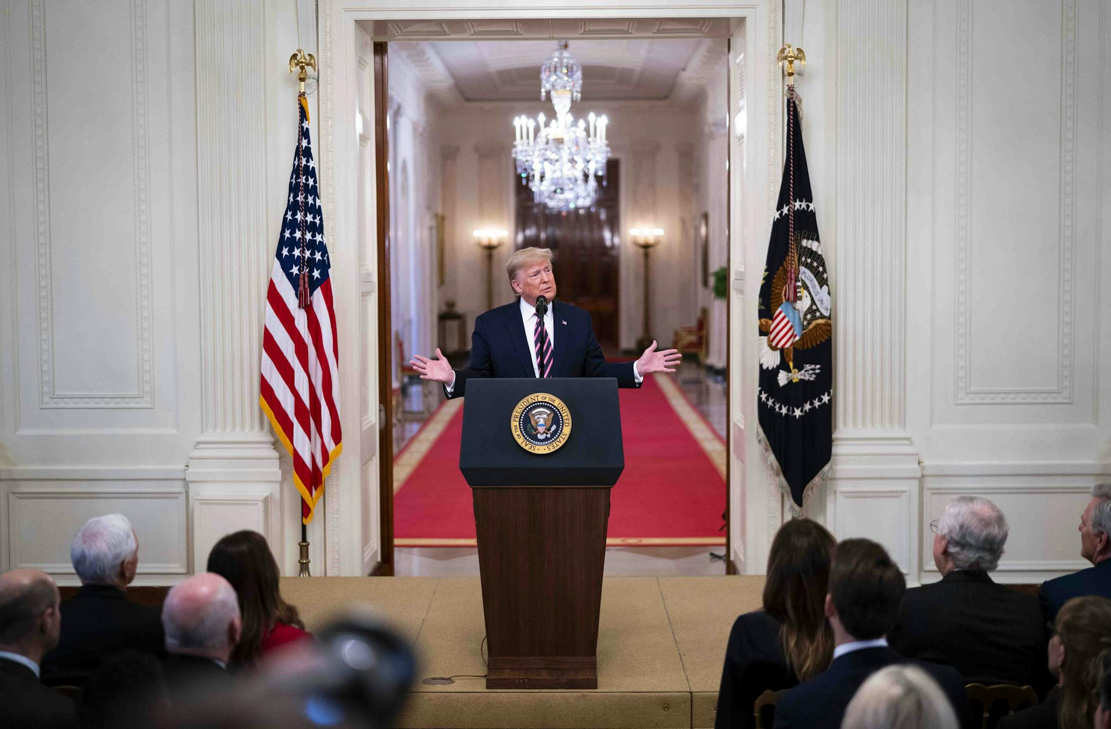 President Donald Trump speaks one day after his acquittal by the Senate of two impeachment charges, at the White House in Washington, Feb 6, 2020. Senate Majority Leader Mitch McConnell (R-Ky.) — who has proved adept at the hand-to-hand procedural combat of the Senate, frustrating Democrats at every turn — had been preparing for a trial for nearly a year. (Doug Mills/The New York Times)