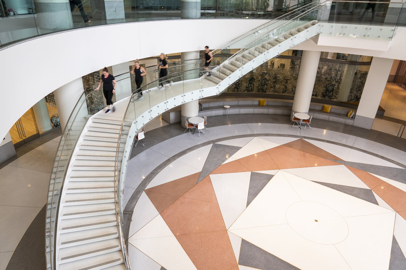 The atrium staircase at Capella Tower in downtown Minneapolis.