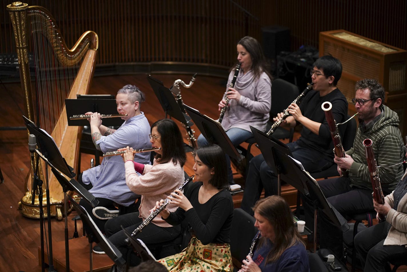 The woodwinds section of the SPCO during a 2019 rehearsal.