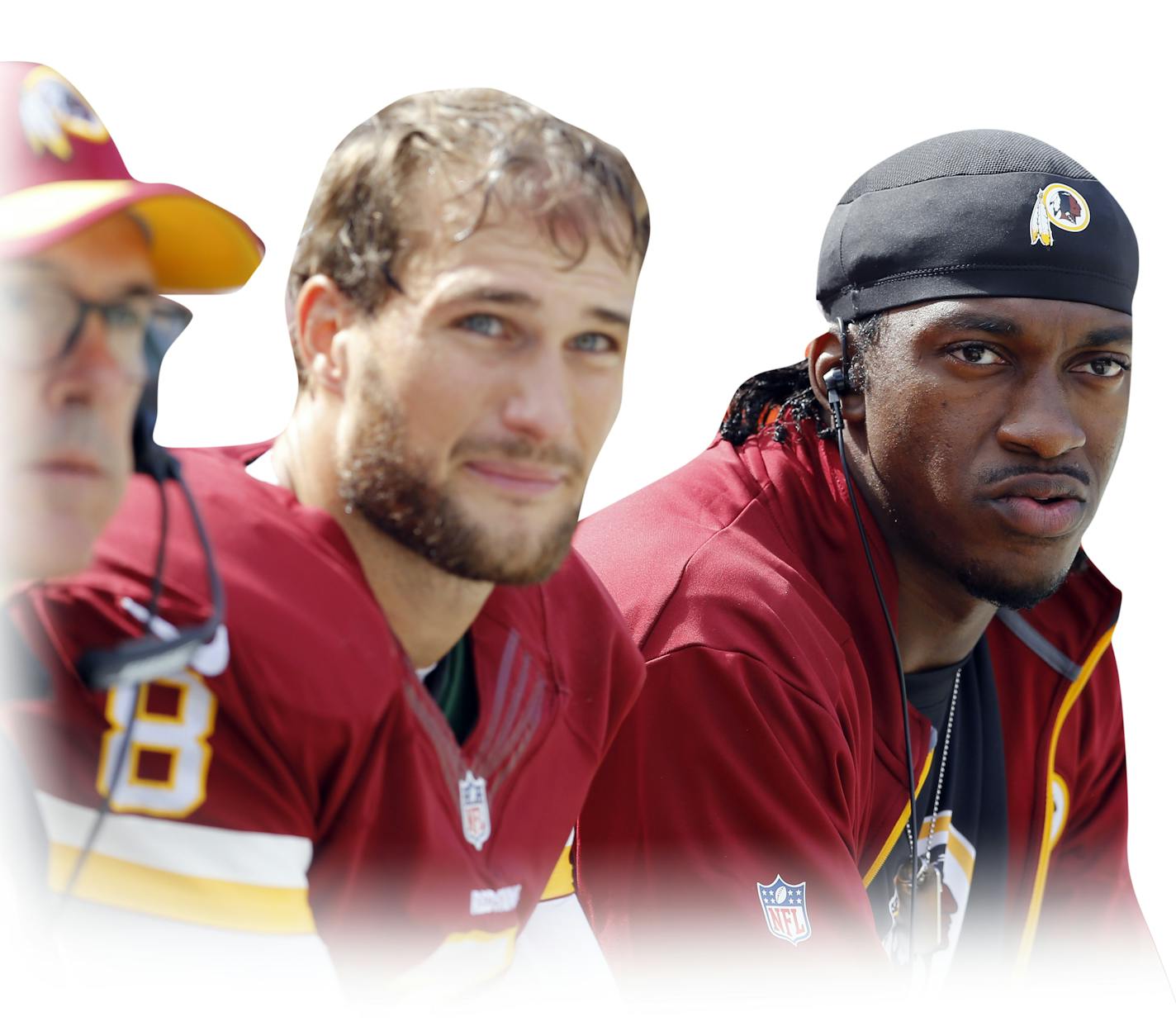 Washington Redskins quarterback Kirk Cousins (8) and quarterback Robert Griffin III (10) sit on the bench during the second half of an NFL football game against the Miami Dolphins, Sunday, Sept. 13, 2015, in Landover, Md. (AP Photo/Patrick Semansky) ORG XMIT: FDX130