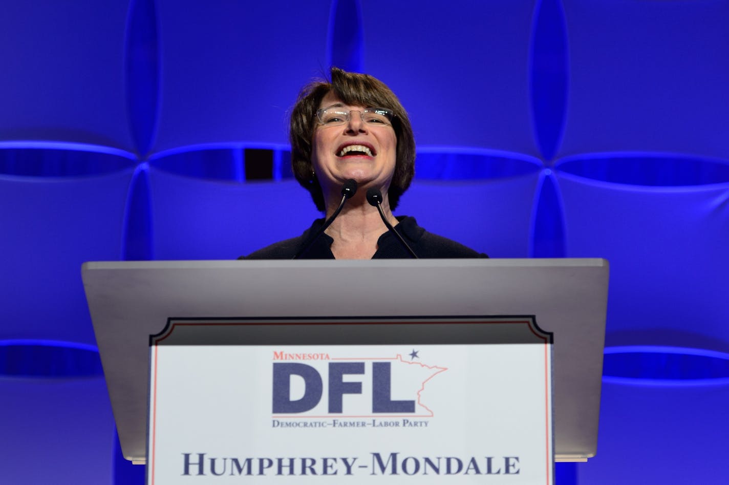 Sen. Amy Klobuchar, shown Friday at the Minnesota DFL Humphrey-Mondale Dinner, Sen. Amy Klobuchar said Tuesday she's not expecting a U.S. Supreme Court appointment but does intend to be a loud voice defending President Obama's prerogative to fill the vacancy.