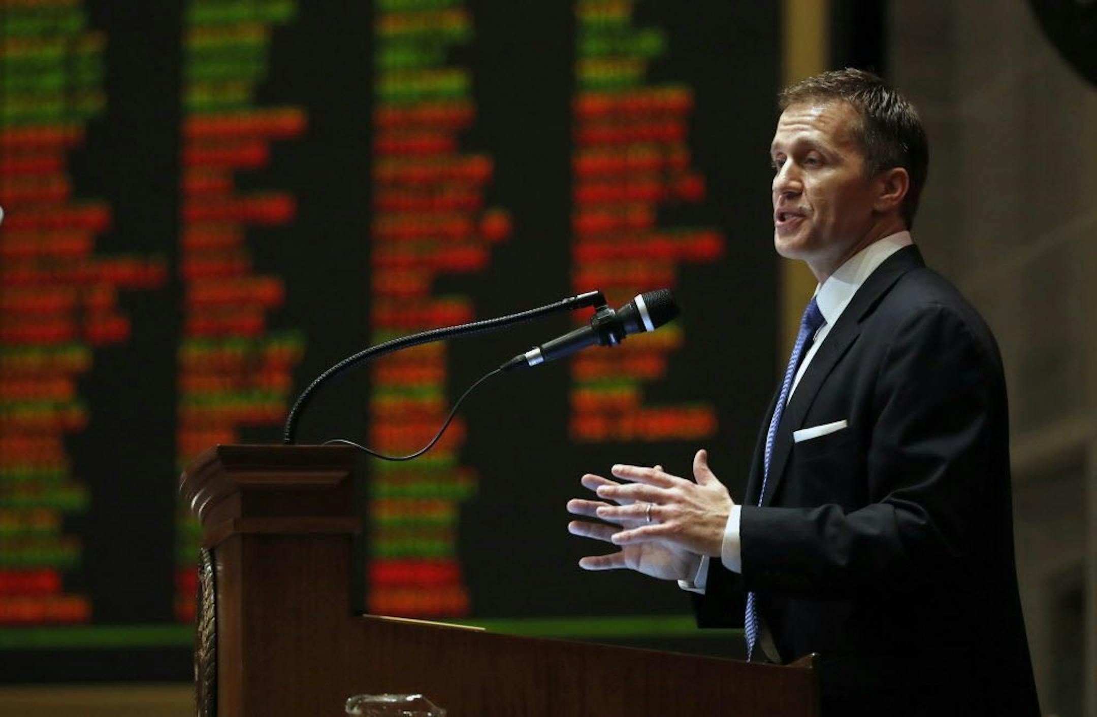 Missouri Gov. Eric Greitens delivers the annual State of the State address to a joint session of the House and Senate, Wednesday, Jan. 10, 2018, in Jefferson City, Mo.