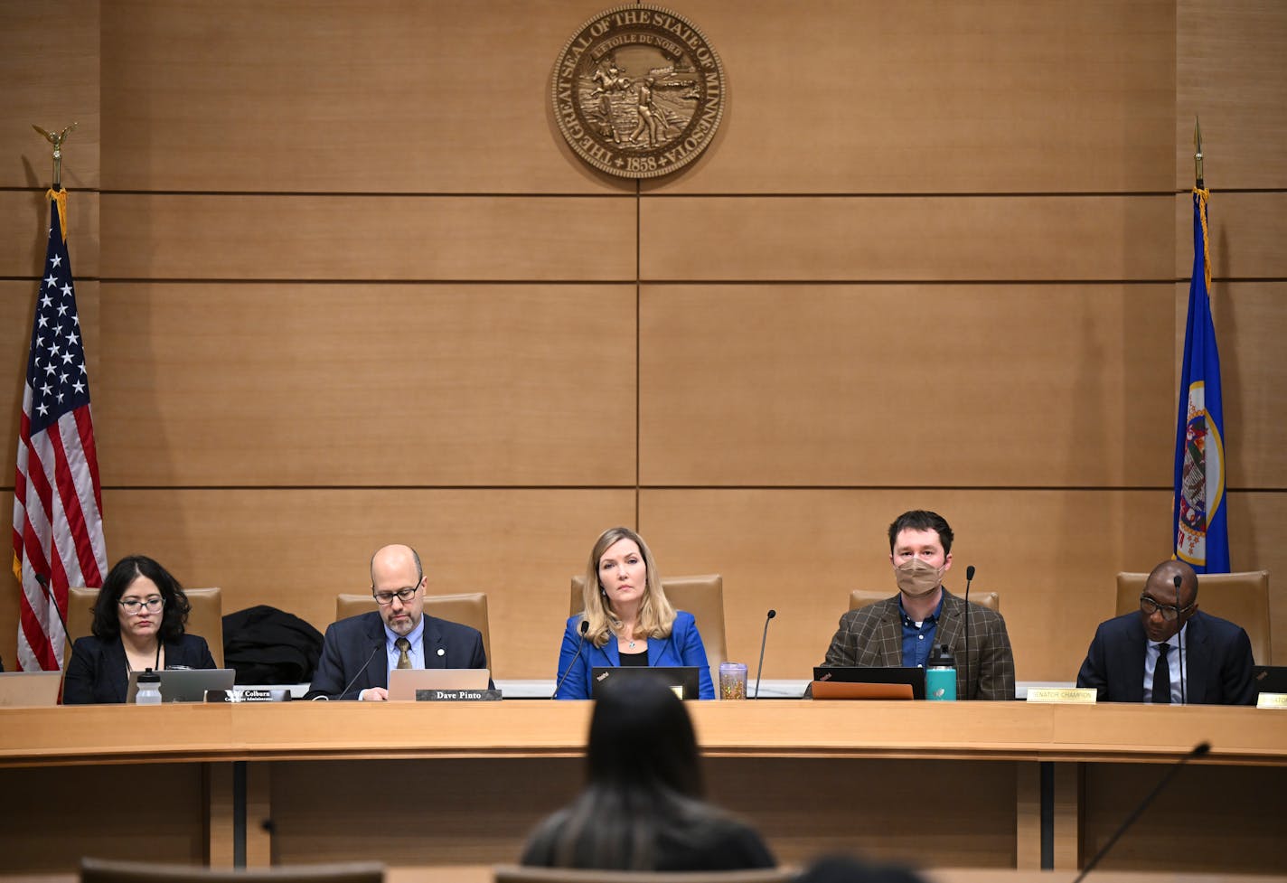 Minnesota Child Protection Task Force members listen as Ariana Guerra, Policy &amp; Advocacy Manager with Foster Advocates, speaks Thursday, Jan. 11, 2024 at the Minnesota Senate Office Building in St. Paul, Minn.. The state's child protection task force met for the second time following a 4-part Star Tribune series highlighting widespread failures.