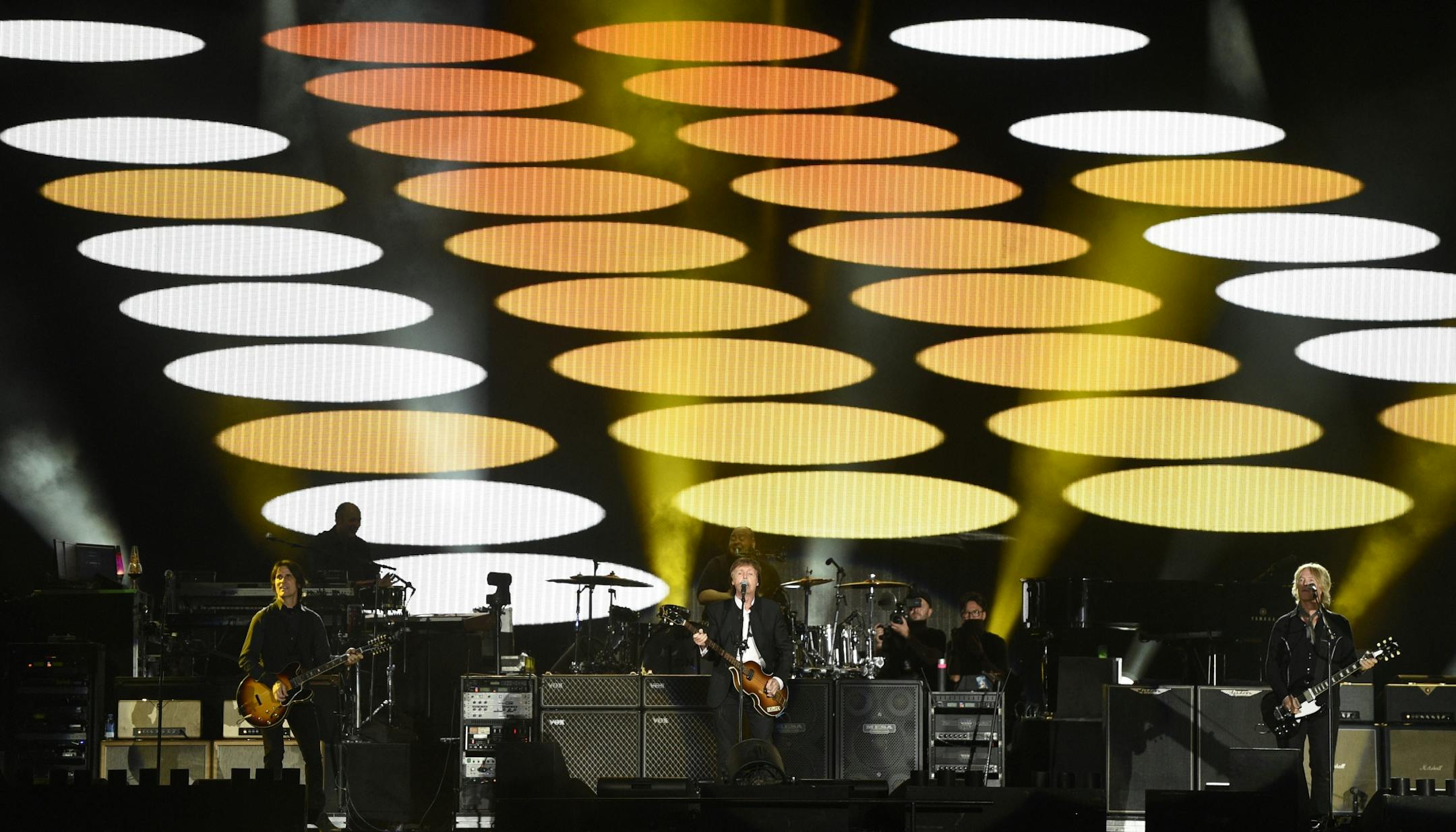 Paul McCartney performs with his band on day 2 of the 2016 Desert Trip music festival at Empire Polo Field on Saturday, Oct. 8, 2016, in Indio, Calif.