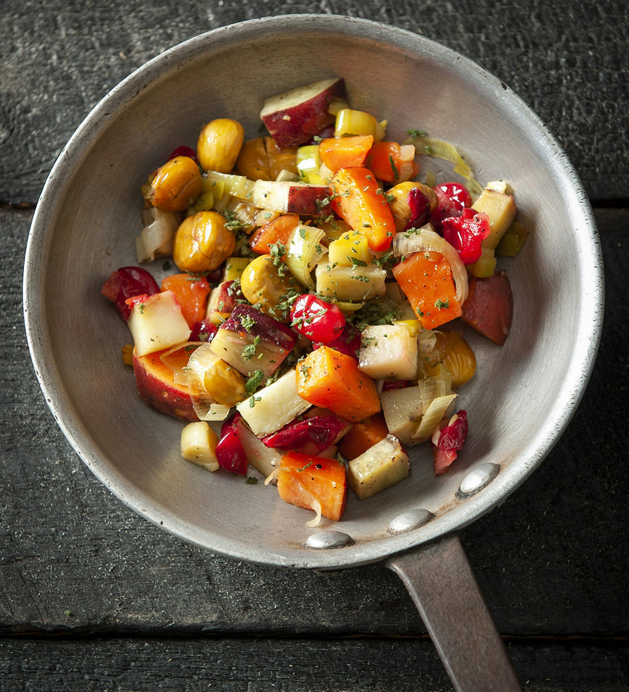 Skillet Sweet Potatoes, Cranberries and Chestnuts.
