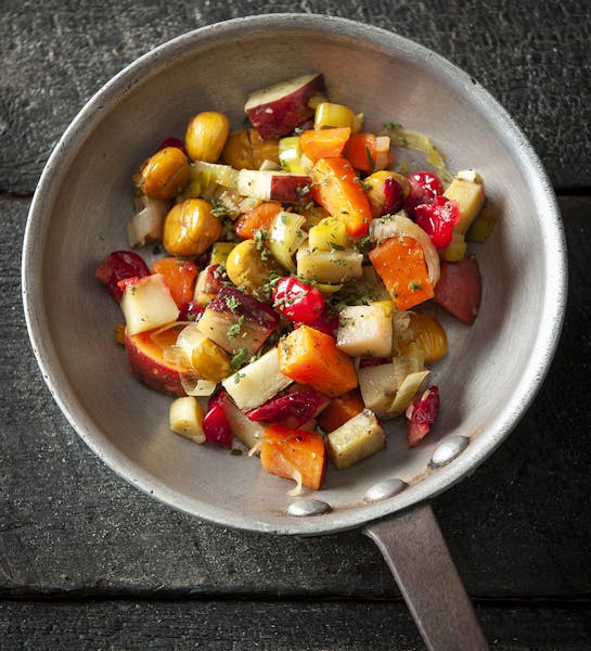 Skillet Sweet Potatoes, Cranberries and Chestnuts.