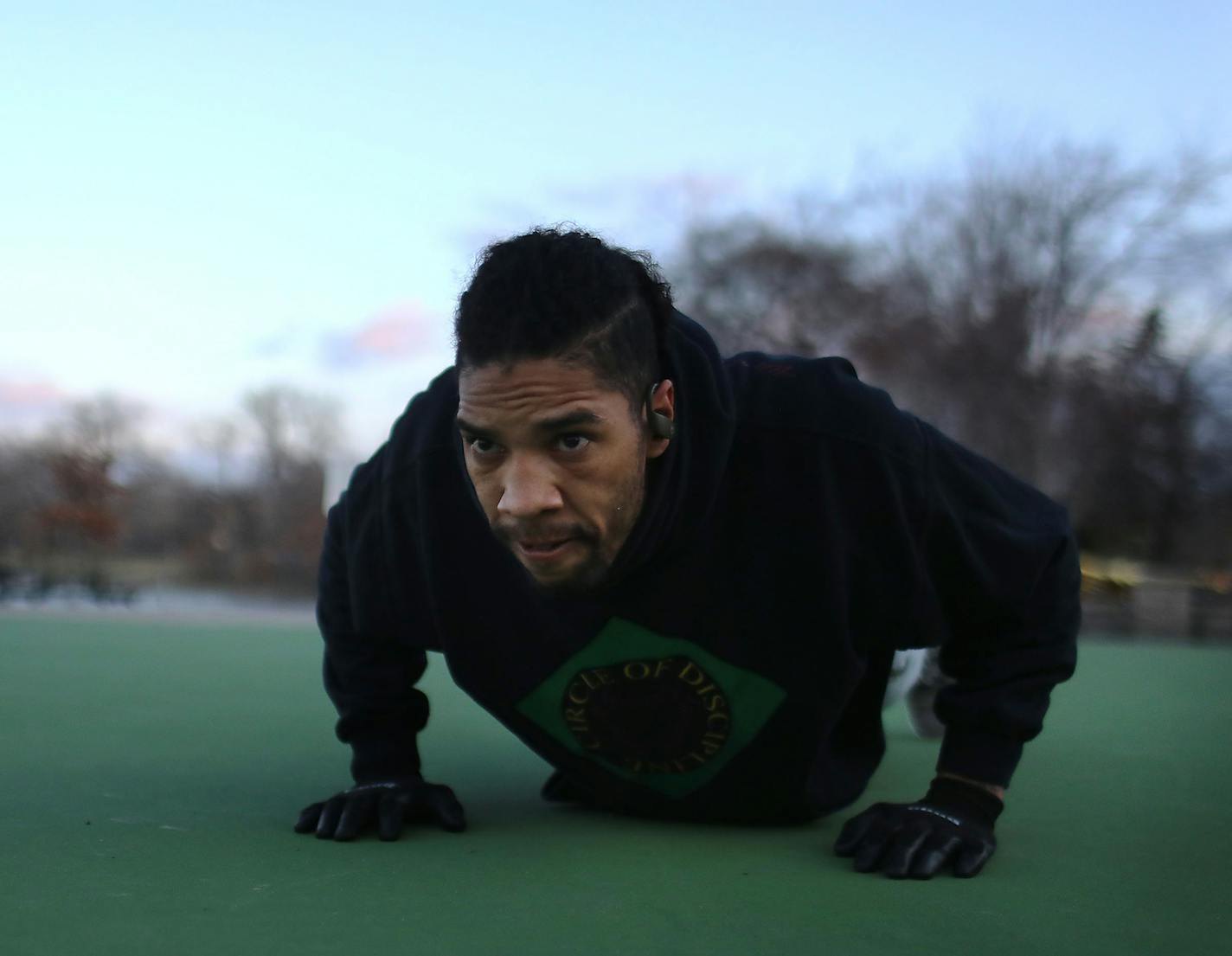 Welterweight boxer and Minneapolis resident Jamal James, whose professional record is 25-1 and who boxes out of Circle of Discipline gym, is seen during his morning workout around Bde Maka Ska Park Thursday, April 9, 2020, in Minneapolis, MN. James had a title fight that was scheduled for this weekend postponed because of the Coronavirus.]