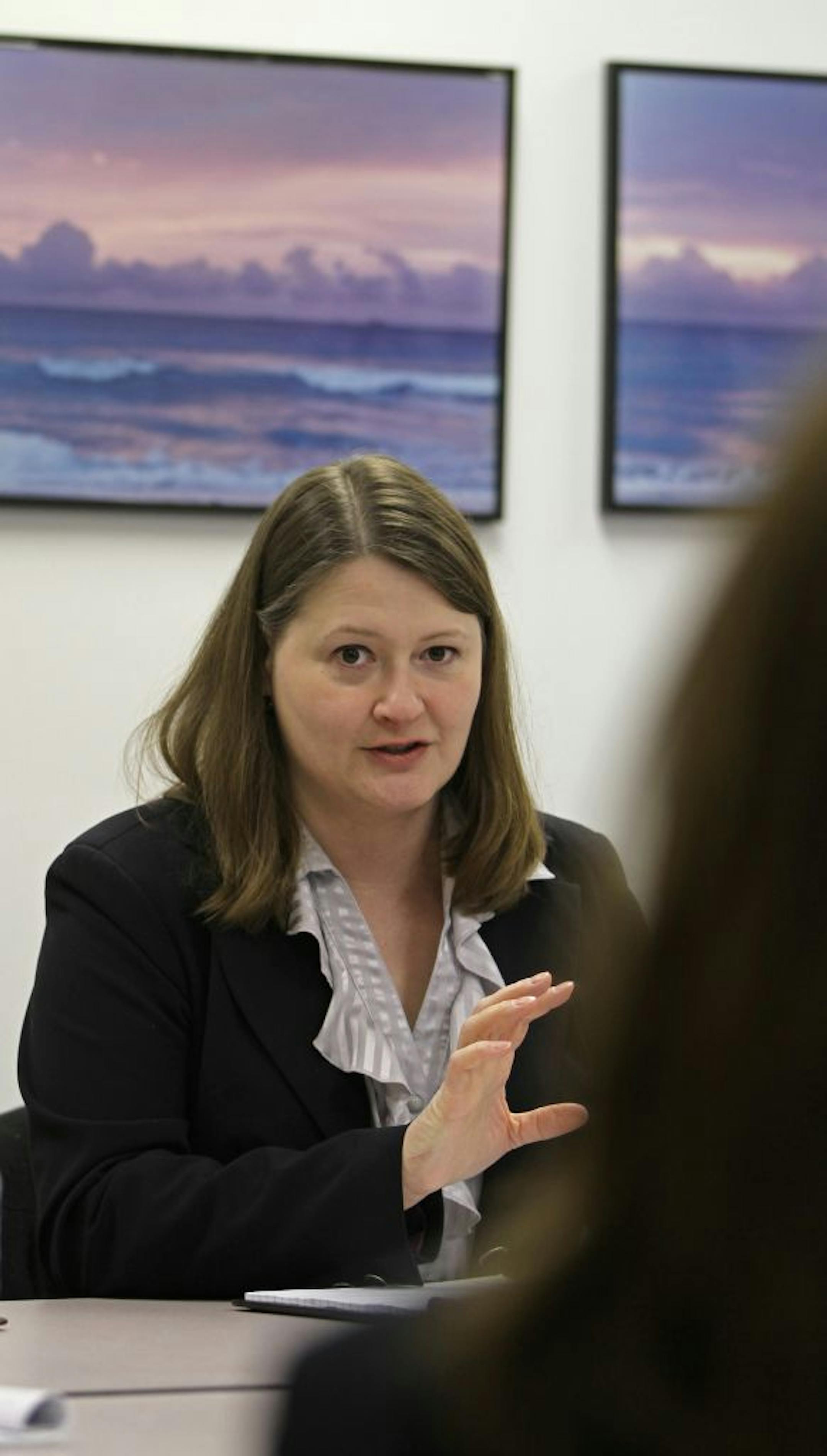 (left) Carrie Scheffler, Employment Action Center Director attended a meeting at the center where a new Hennepin County employment program called HireWire was introduced to directors on 2/1/12.