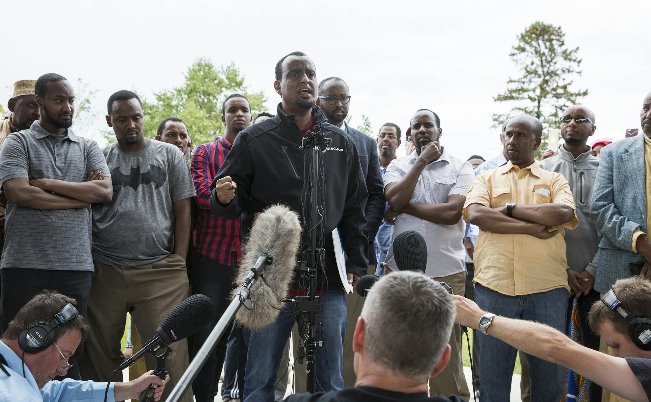 Haji Yusuf, the co-director of #UnitedCloud, speaks during a press conference. ] (Leila Navidi/Star Tribune) leila.navidi@startribune.com BACKGROUND INFORMATION: Press conference with the response from the Somali community at Lake George in St. Cloud Sunday, September 18, 2016. A man, suspected of being motivated by global terror, stabbed several people late Saturday before an off-duty police officer fatally shot the attacker at the Crossroads Center mall in St. Cloud.