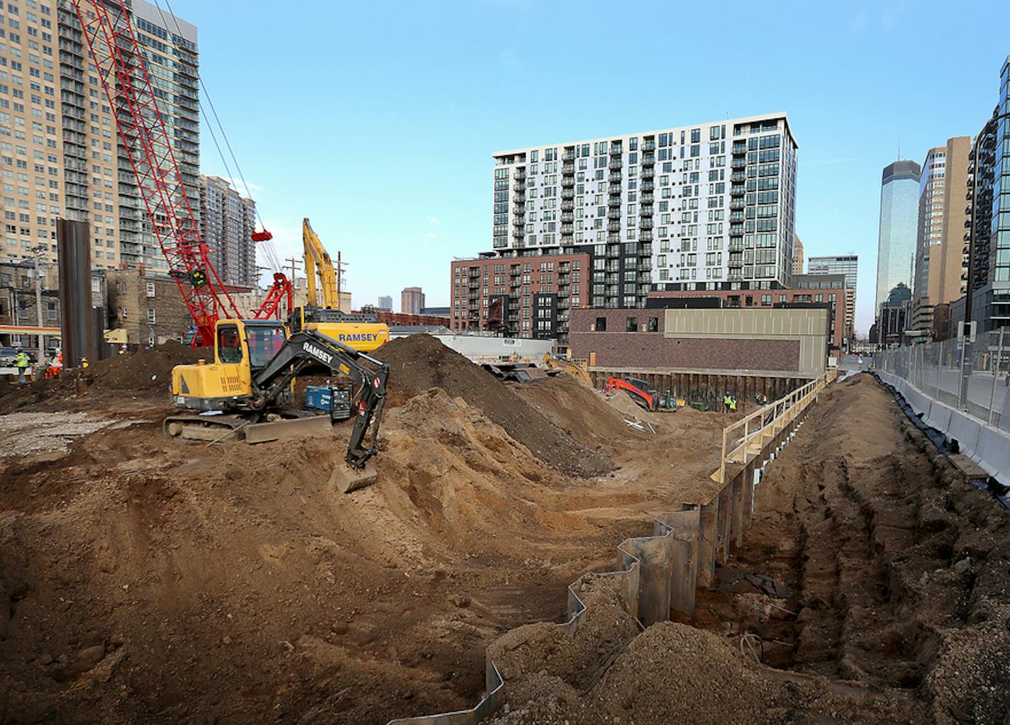 Construction is underway at the Larking Apartments by Kraus-Anderson at 8th St. S. and Portland Avenue and when completed will have studio, one and two bedrooms apartments in a high-rise building and seen Friday, April 23, 2020, in Minneapolis, MN.] Staff photo by David Joles. DAVID JOLES • david.joles@startribune.com ORG XMIT: MIN2004240856068678